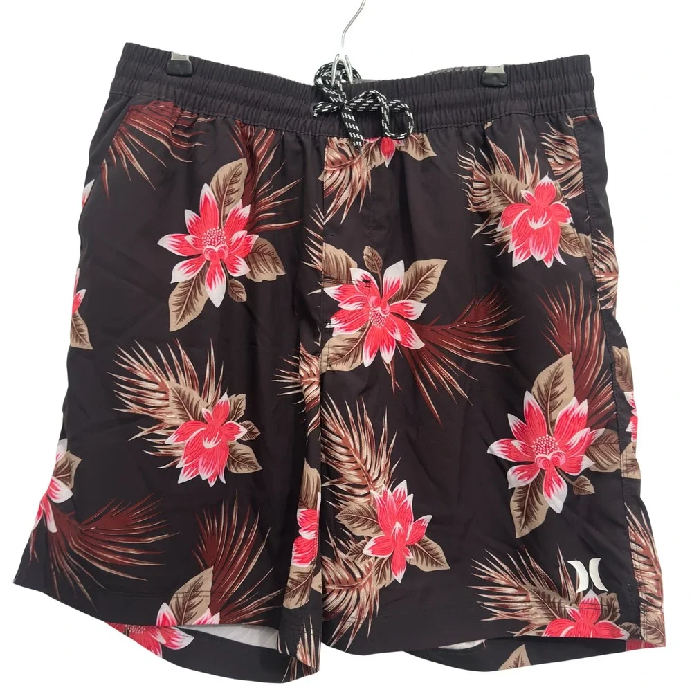 Hurley Swim Trunks Mens L Black Tropical Floral Palm Print Board Shorts Surf